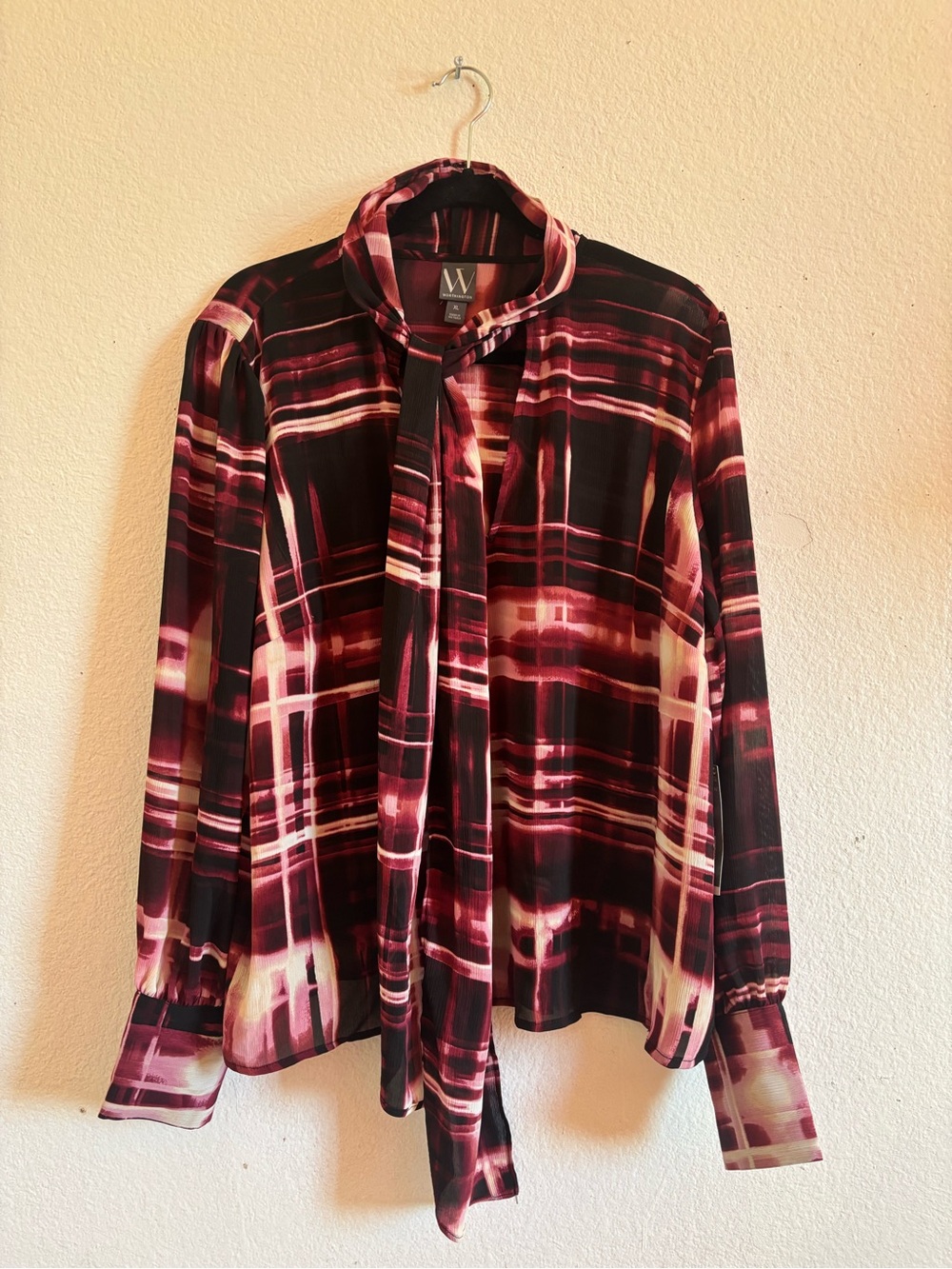 W by Worth Black and Maroon Plaid Tie-Neck Shirt